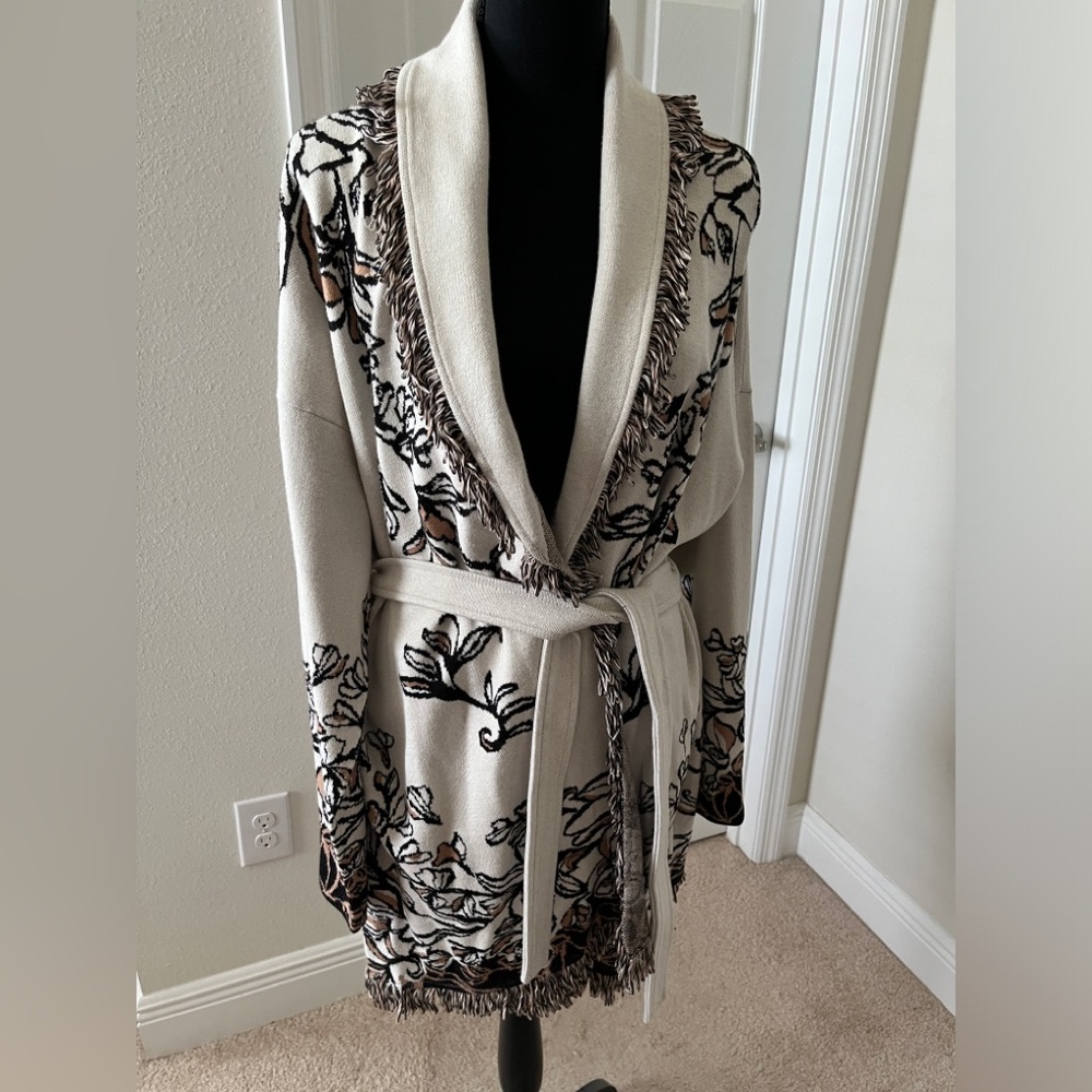 Chico's Cream and Brown Floral Fringe Belted Cardigan